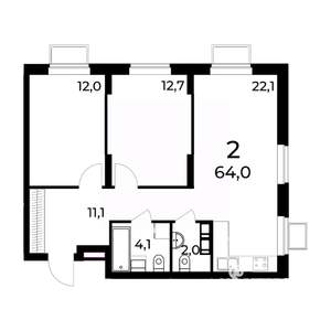 2-к квартира, вторичка, 64м2, 4/15 этаж