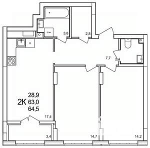 2-к квартира, вторичка, 65м2, 2/19 этаж