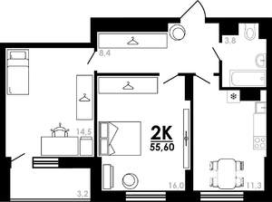 2-к квартира, вторичка, 56м2, 3/25 этаж