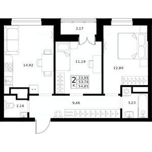 2-к квартира, строящийся дом, 55м2, 23/24 этаж