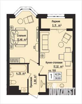 1-к квартира, вторичка, 42м2, 6/15 этаж