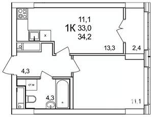 1-к квартира, строящийся дом, 34м2, 11/25 этаж