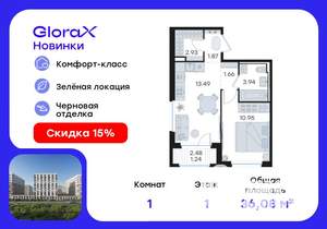 1-к квартира, вторичка, 36м2, 1/9 этаж