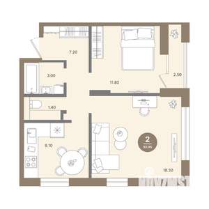 2-к квартира, вторичка, 52м2, 5/18 этаж