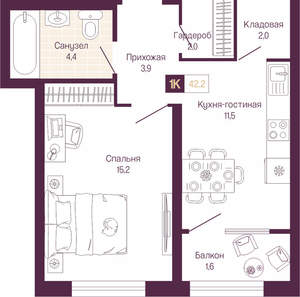 1-к квартира, вторичка, 41м2, 11/19 этаж
