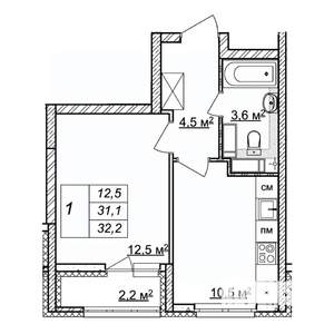 1-к квартира, строящийся дом, 32м2, 22/25 этаж