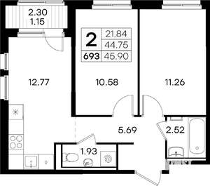 2-к квартира, вторичка, 46м2, 7/9 этаж
