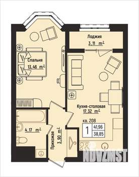 1-к квартира, вторичка, 42м2, 11/15 этаж