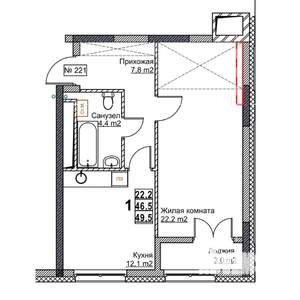 1-к квартира, вторичка, 50м2, 11/24 этаж
