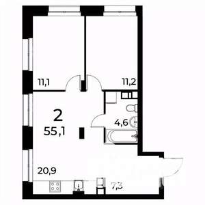 2-к квартира, вторичка, 55м2, 8/20 этаж