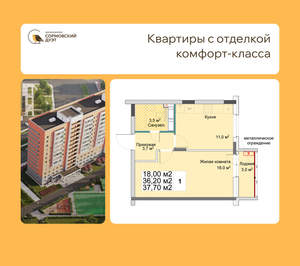 1-к квартира, вторичка, 38м2, 7/12 этаж