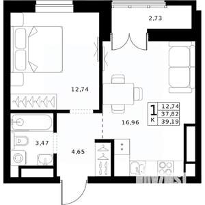 1-к квартира, строящийся дом, 39м2, 24/24 этаж