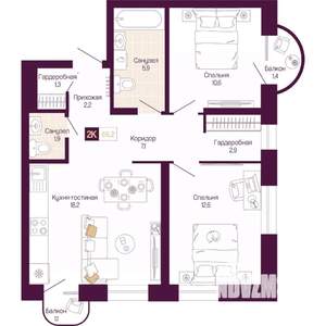 2-к квартира, вторичка, 63м2, 4/12 этаж