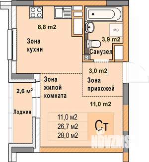 Студия квартира, вторичка, 28м2, 11/25 этаж