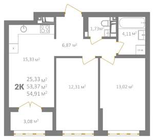 2-к квартира, строящийся дом, 55м2, 4/18 этаж
