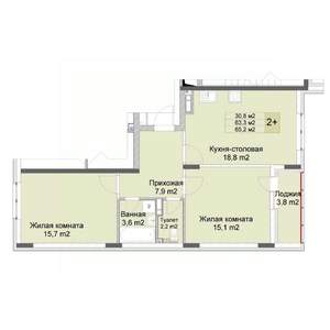 2-к квартира, строящийся дом, 65м2, 8/10 этаж