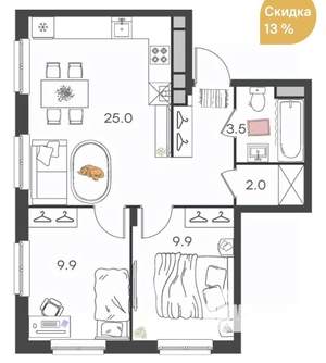 2-к квартира, вторичка, 50м2, 3/4 этаж