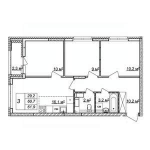3-к квартира, строящийся дом, 62м2, 22/25 этаж