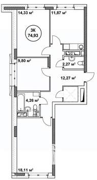 3-к квартира, вторичка, 75м2, 18/22 этаж