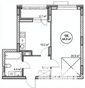 1-к квартира, вторичка, 44м2, 6/14 этаж