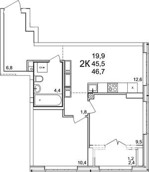 2-к квартира, вторичка, 47м2, 25/25 этаж