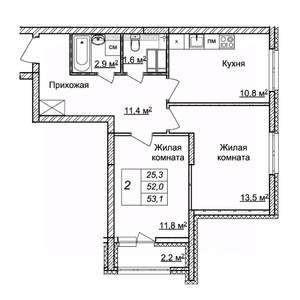 2-к квартира, строящийся дом, 53м2, 22/25 этаж