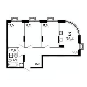 3-к квартира, вторичка, 75м2, 17/19 этаж