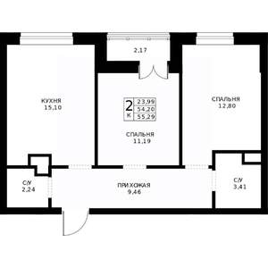 2-к квартира, строящийся дом, 55м2, 12/24 этаж
