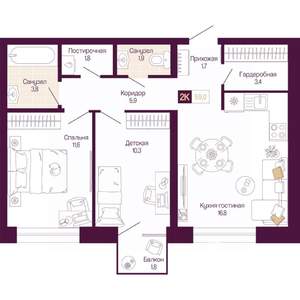 2-к квартира, вторичка, 58м2, 4/25 этаж