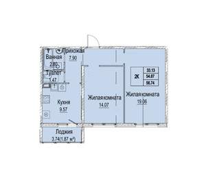 2-к квартира, вторичка, 57м2, 1/9 этаж