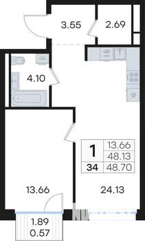 1-к квартира, вторичка, 49м2, 5/13 этаж