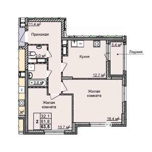 2-к квартира, вторичка, 64м2, 20/25 этаж