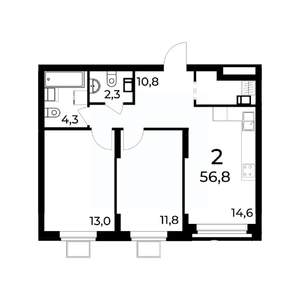 2-к квартира, вторичка, 57м2, 3/15 этаж