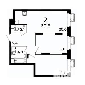 2-к квартира, вторичка, 61м2, 9/19 этаж