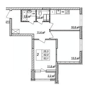 2-к квартира, строящийся дом, 53м2, 22/25 этаж