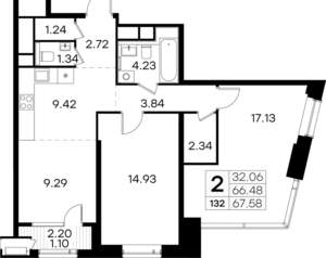 2-к квартира, вторичка, 68м2, 16/32 этаж