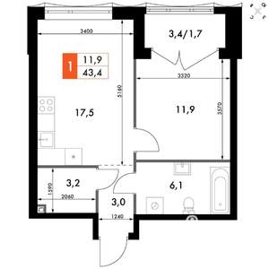 1-к квартира, вторичка, 43м2, 8/10 этаж