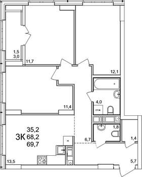3-к квартира, вторичка, 70м2, 5/25 этаж
