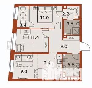3-к квартира, строящийся дом, 65м2, 5/25 этаж