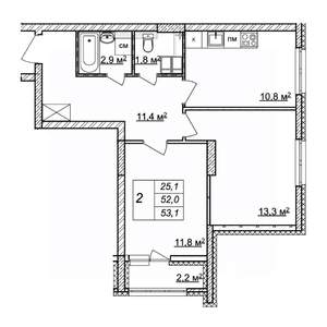 2-к квартира, строящийся дом, 53м2, 23/25 этаж