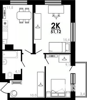 2-к квартира, вторичка, 51м2, 10/25 этаж