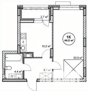 1-к квартира, вторичка, 44м2, 9/14 этаж