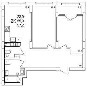 2-к квартира, вторичка, 57м2, 14/19 этаж