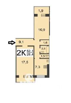 2-к квартира, вторичка, 50м2, 9/9 этаж