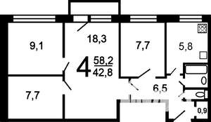 4-к квартира, вторичка, 59м2, 1/9 этаж