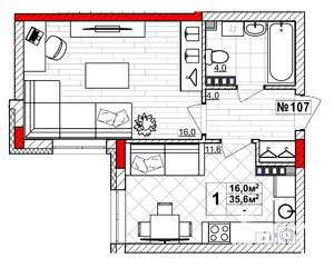 1-к квартира, вторичка, 36м2, 4/4 этаж