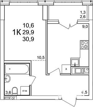 1-к квартира, вторичка, 31м2, 3/25 этаж