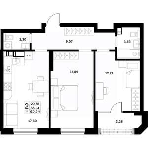 2-к квартира, строящийся дом, 65м2, 9/17 этаж