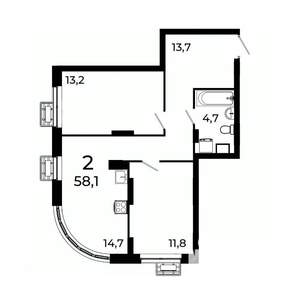 2-к квартира, вторичка, 58м2, 2/19 этаж