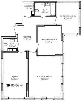3-к квартира, строящийся дом, 86м2, 6/13 этаж